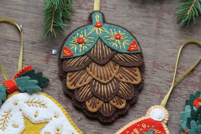 Hand Embroidered Felt Ornament Kit - Pinecone-Stitched Modern