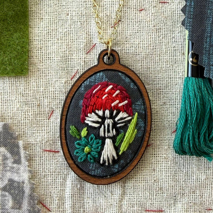 Hand Embroidery Necklace Kit - Mushroom-Stitched Modern