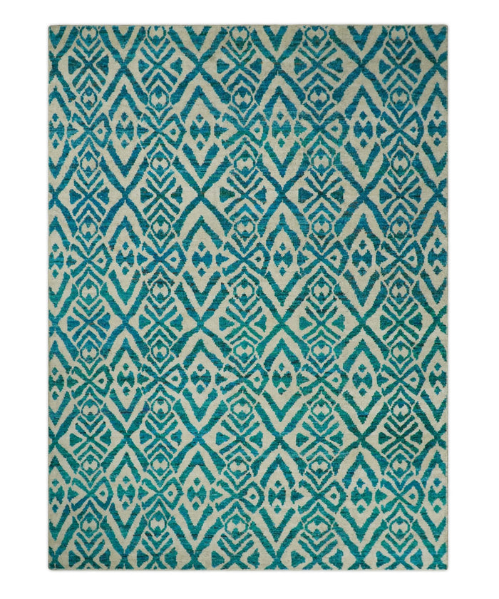 9x12 Hand Knotted Ivory and Blue Modern Contemporary Southwestern Tribal Trellis Recycled Silk Area Rug | OP21 - The Rug Decor