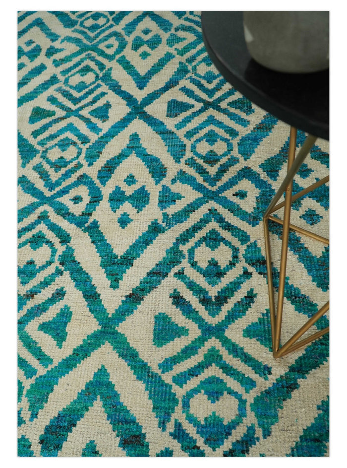 9x12 Hand Knotted Ivory and Blue Modern Contemporary Southwestern Tribal Trellis Recycled Silk Area Rug | OP21 - The Rug Decor