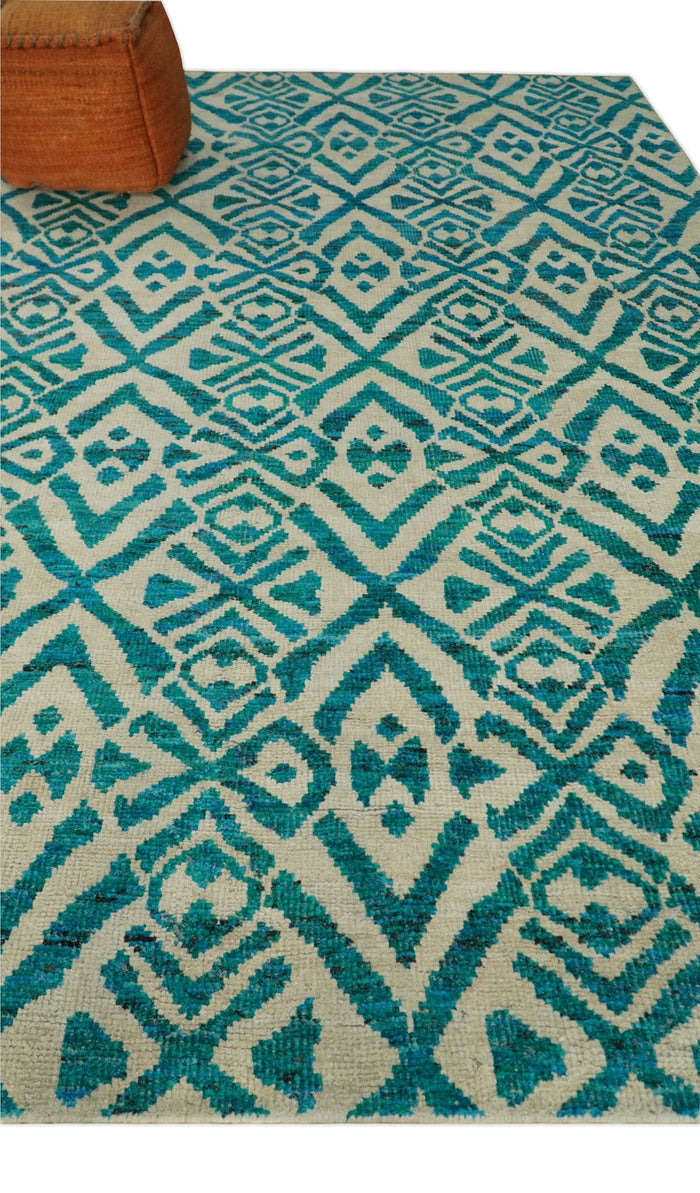 9x12 Hand Knotted Ivory and Blue Modern Contemporary Southwestern Tribal Trellis Recycled Silk Area Rug | OP21 - The Rug Decor