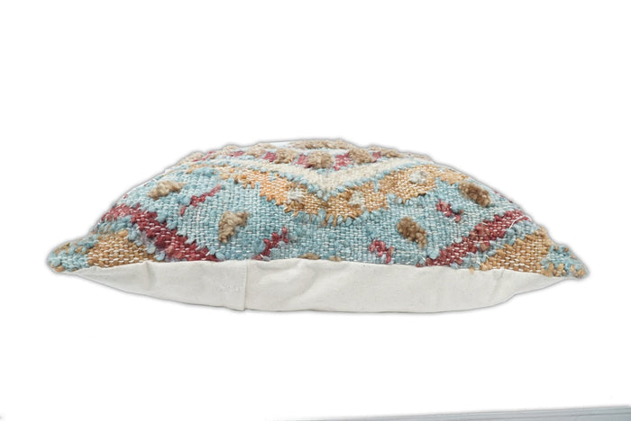 Hand Woven Boho Tribal Accent Mustard and Blue Jute and Wool Pillow, Cushion | PL13 - The Rug Decor