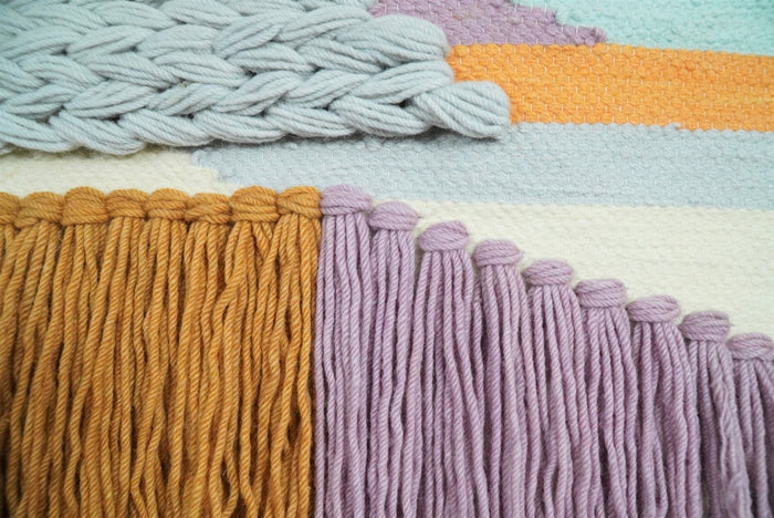 Hand Woven Wool Tapestry White, Blue and Gold Bohemian Modern Wall Hanging | WH12 - The Rug Decor