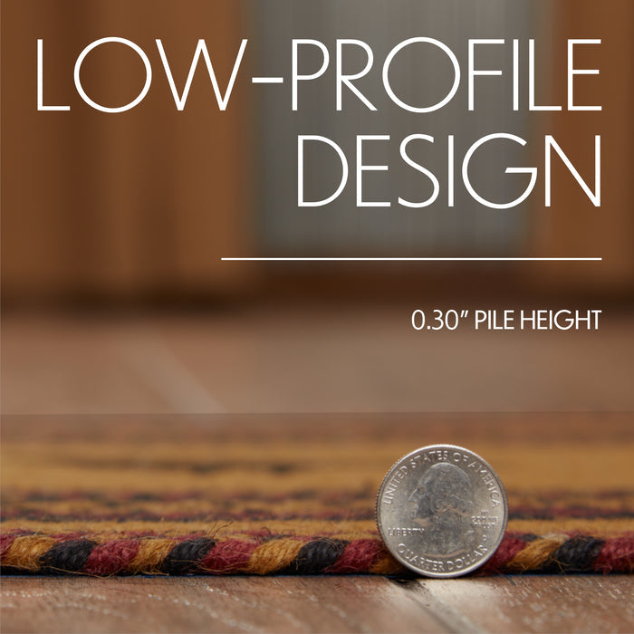 Heirloom Farm Primitive Crow Half Circle Rug low-profile design infographic showing 0.30 inch pile height next to a quarter coin for scale