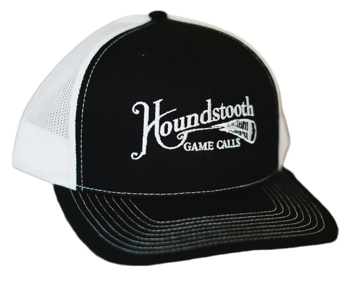 Houndstooth Game Calls Black and White Trucker Hat with Mesh Back