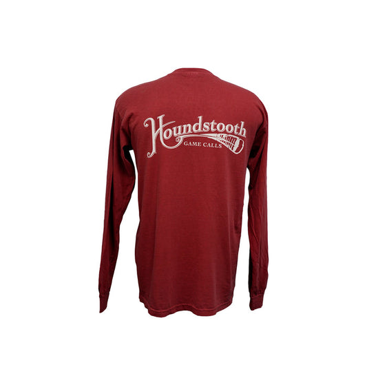 A long sleeve red Houndstooth t-shirt with white logo text on the back.