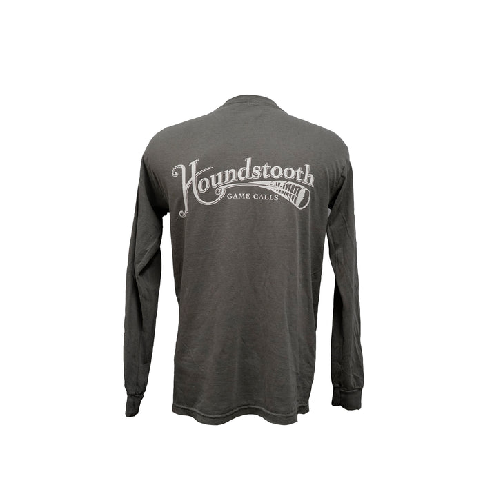 A grey long sleeve Houndstooth logo shirt on a white background, with the brand name and logo printed on the front.