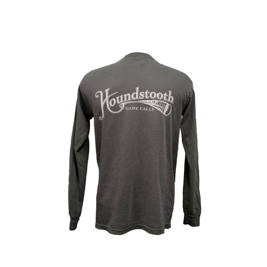 A grey long sleeve Houndstooth logo shirt on a white background, with the brand name and logo printed on the front.