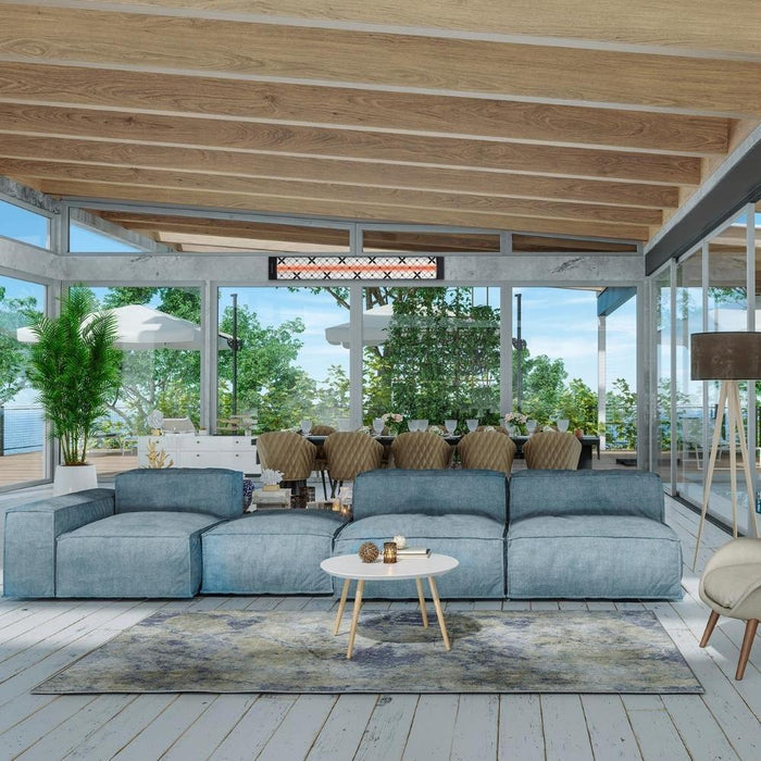 Infratech Heater with Traditional Decorative Fascia in Outdoor Living Space - side view
