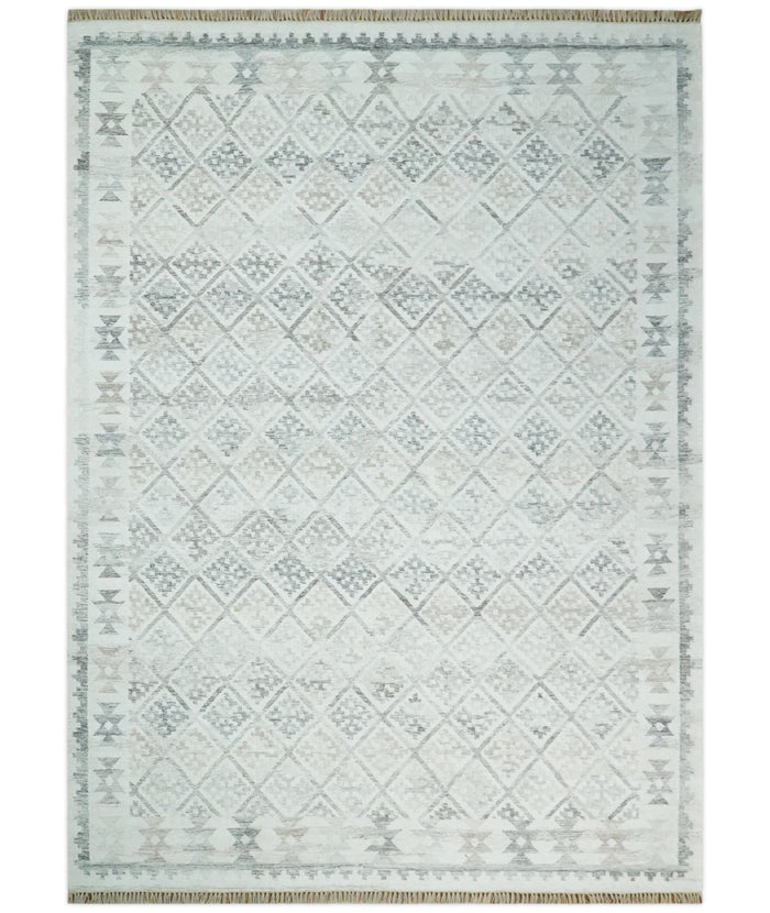Ivory and Gray Kilim Rug made with Fine wool and Viscose | SE2 - The Rug Decor