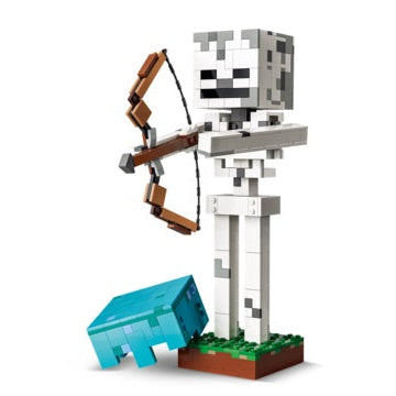 LEGO skeleton with bow and blue block on a white background