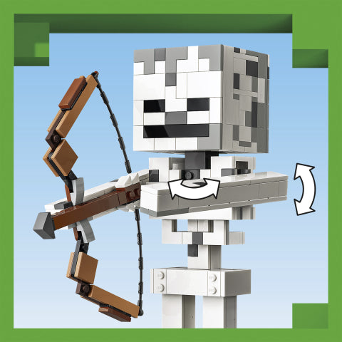 A blocky skeleton toy figure resembling a Minecraft skeleton, holding a brown bow, shown on a light blue background with green corner accents and white rotation arrows indicating movable parts.