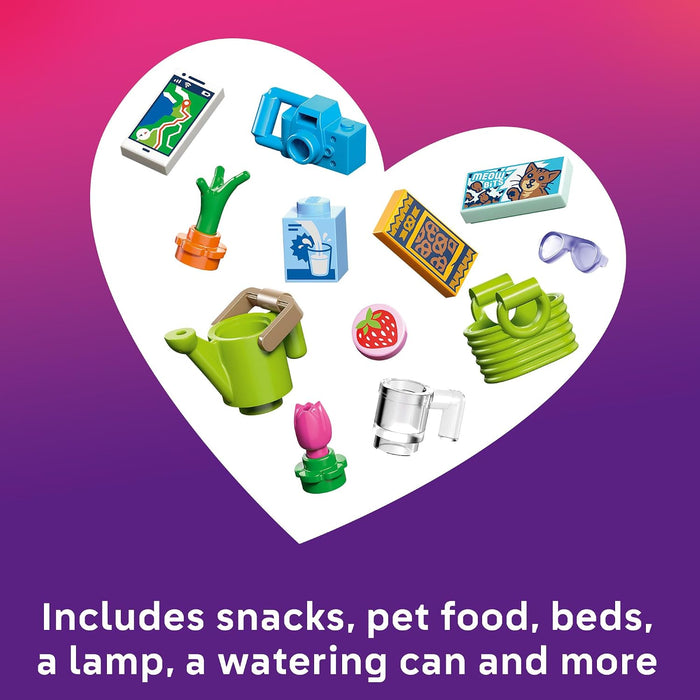 Heart-shaped collection of toy items including snacks, pet food, beds, a lamp, and a watering can on a purple background.