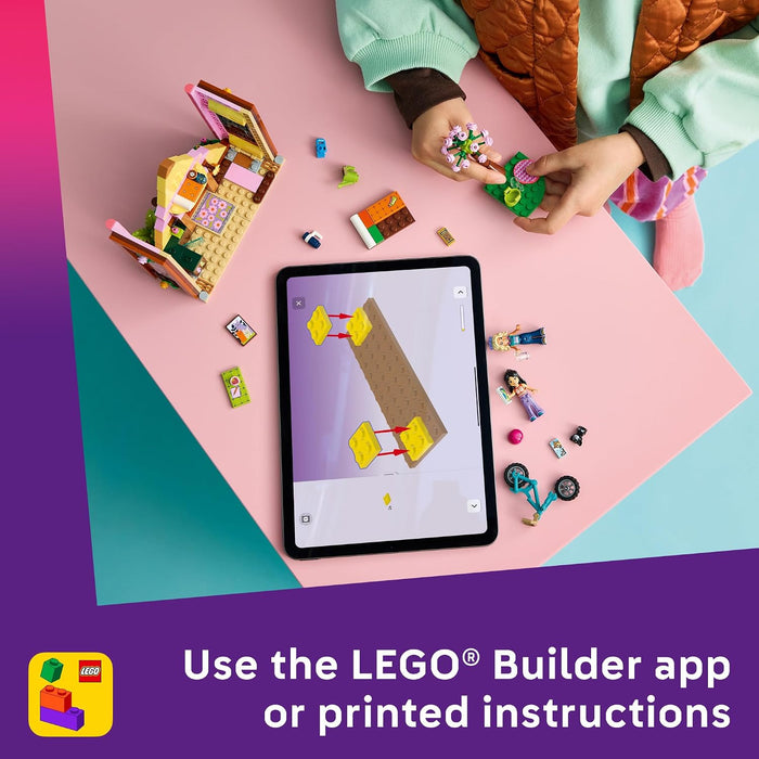 Children playing with LEGO bricks on a colorful background, using a tablet displaying LEGO Builder app.