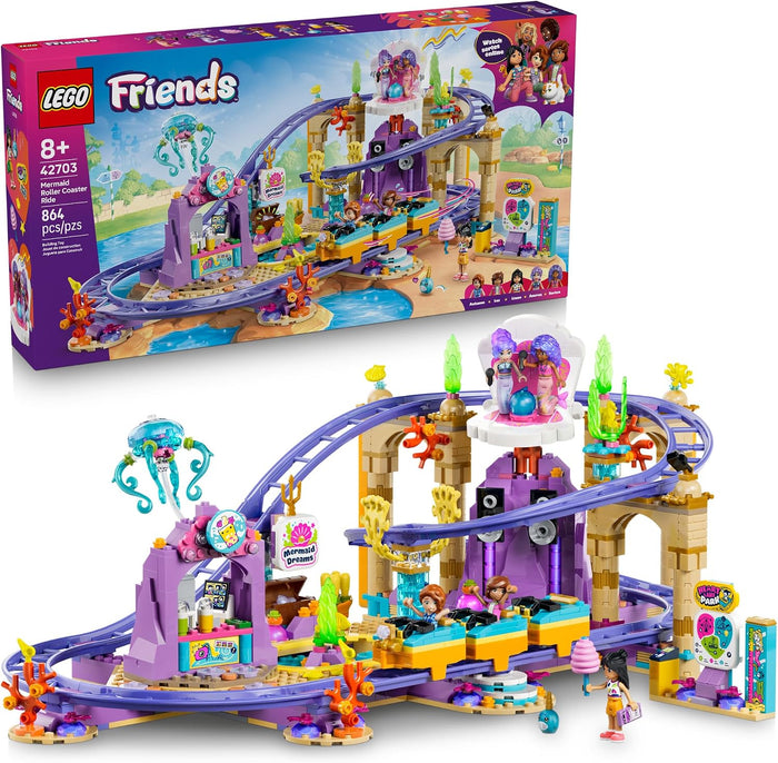 LEGO Friends roller coaster set with packaging on a white background