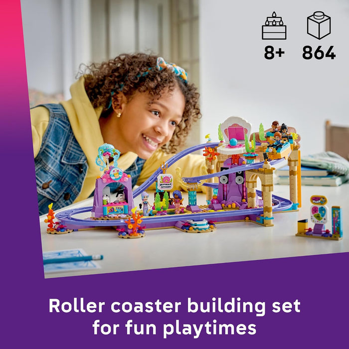 Child playing with a roller coaster building set on a table, with a purple border and text about the product.