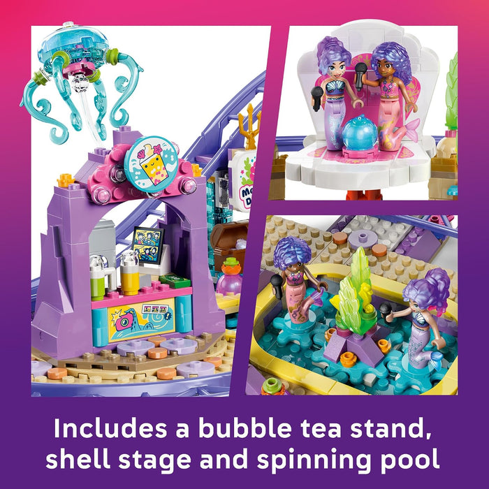 Toy set with mermaid-themed elements including a bubble tea stand, shell stage, and spinning pool on a pink and purple background.