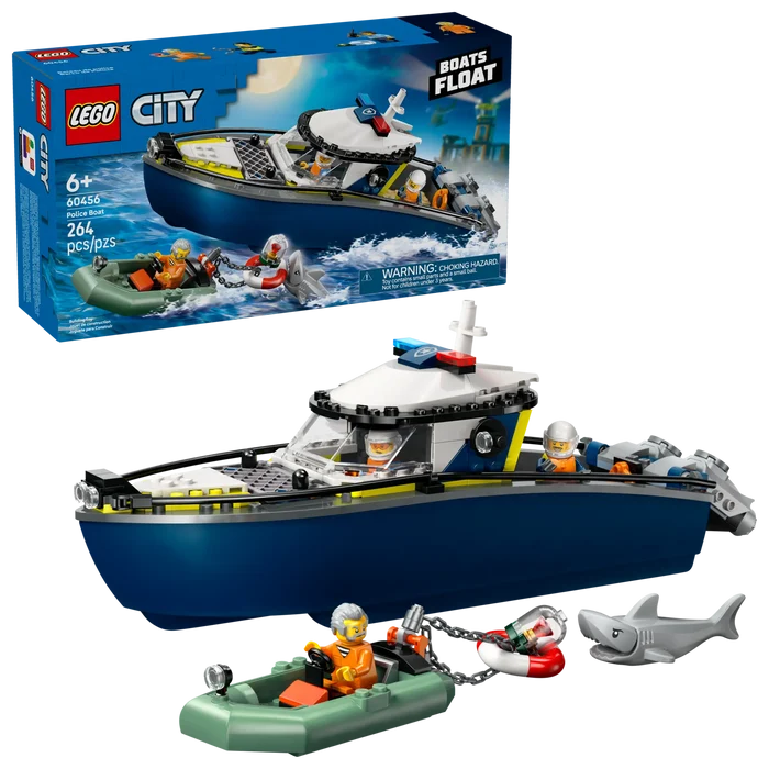 LEGO City boat set with packaging on a white background