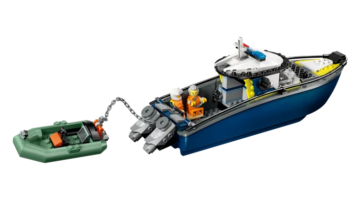 LEGO boat with a smaller green boat attached on a white background