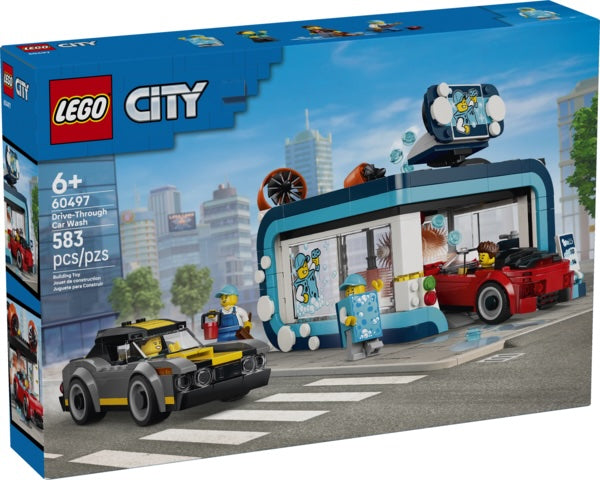 LEGO City drive-through car wash set packaging with cityscape background