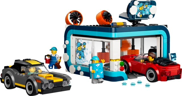 LEGO set with a car showroom and characters on a white background