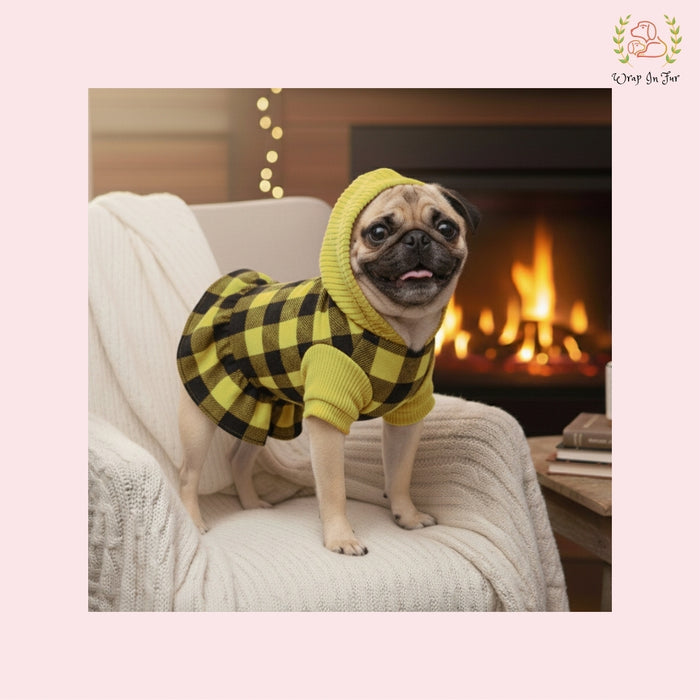 Lemon Yellow Plaid Dog Winter Frock – Cozy Warm Dog Clothes