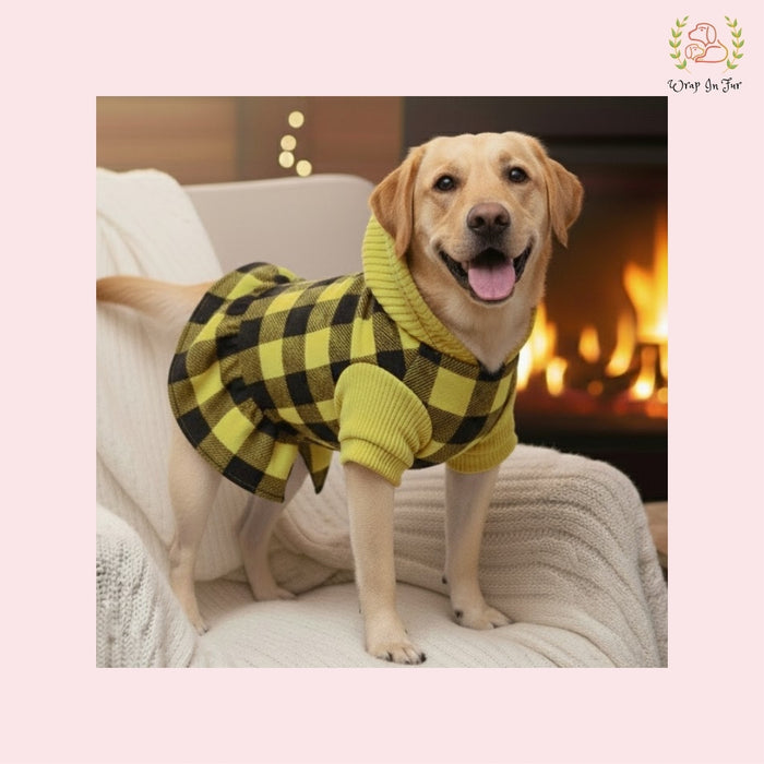 Lemon Yellow Plaid Dog Winter Frock – Cozy Warm Dog Clothes