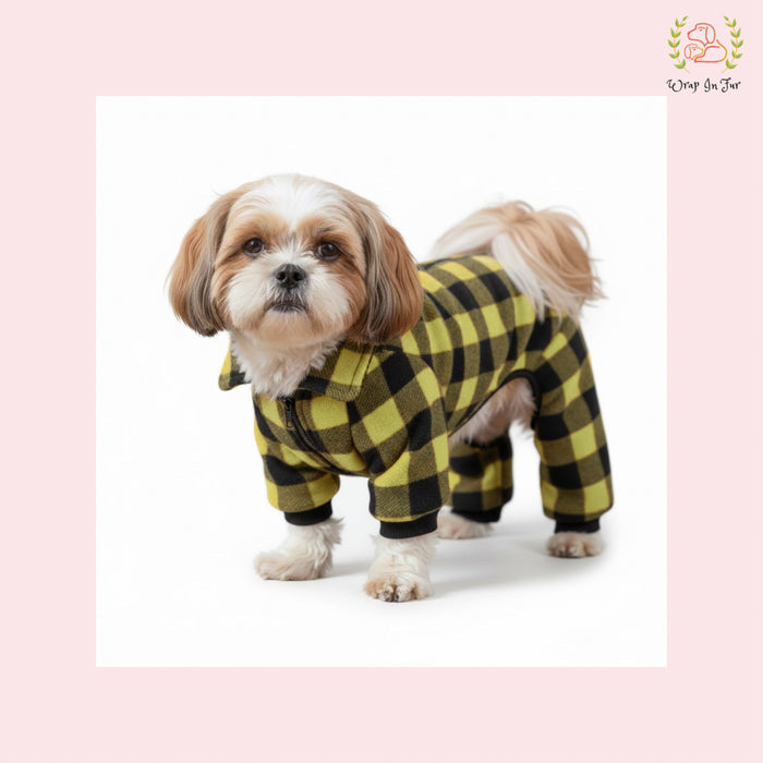 Lemon Yellow Plaid Dog Winter Jumpsuit – Cozy Warm Dog Clothes