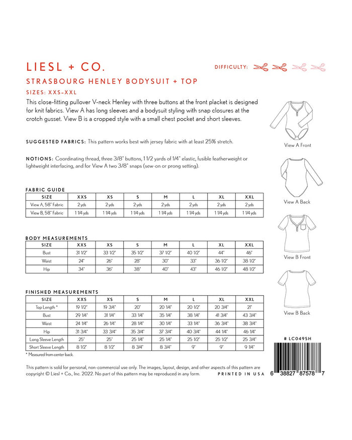 Liesl + Co - Strasbourg Henley Bodysuit and Top Sewing Pattern
