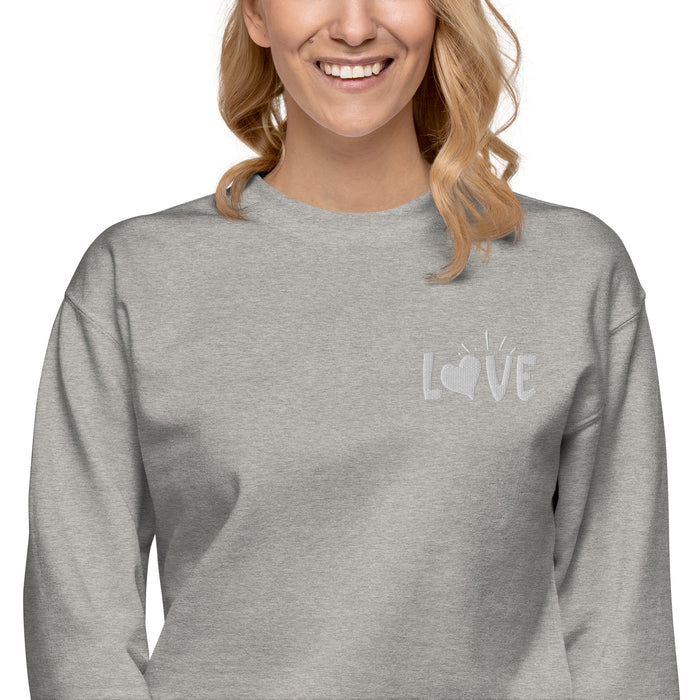 Love Embroidered White Unisex Premium Sweatshirt - Bloom Seventy Seven