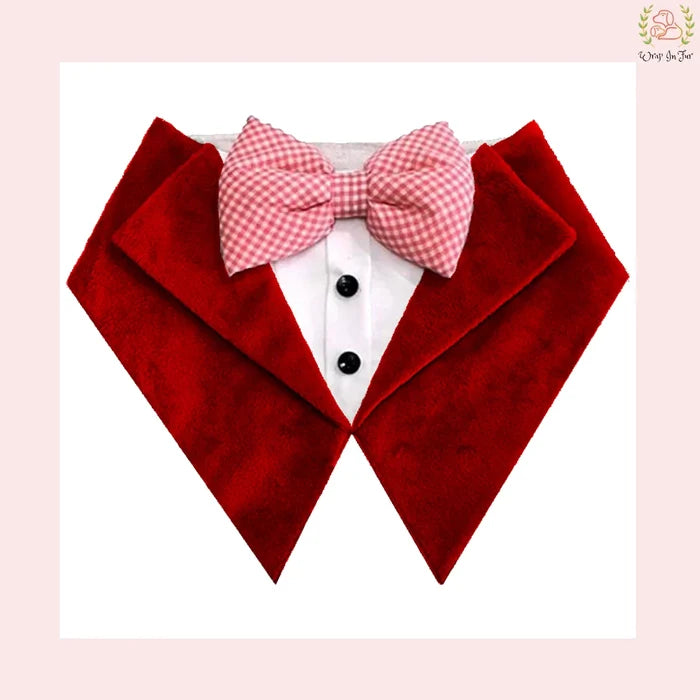 Luxury Red Velvet Tuxedo Style Dog Bandana - Formal Wedding Accessory