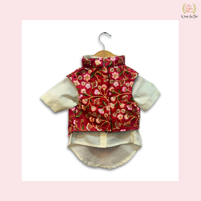 Maroon Floral Embroidered Dog Kurta Jacket Set - Indian Dog Ethnic Wear