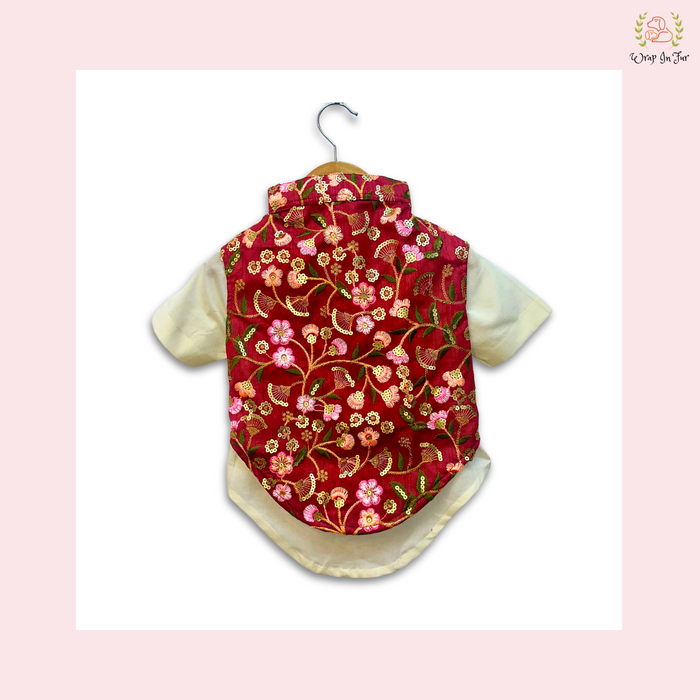 Maroon Floral Embroidered Dog Kurta Jacket Set - Indian Dog Ethnic Wear