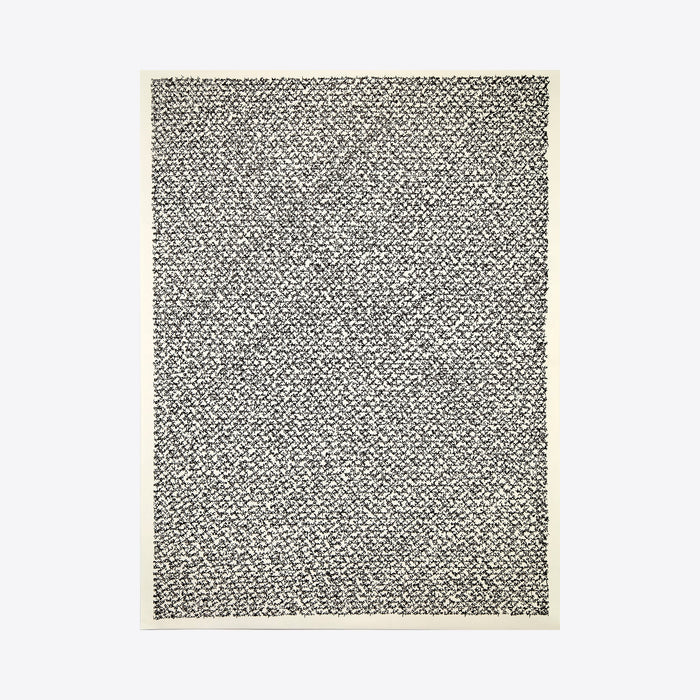 The artwork 'Meditation XXII (open heart)' by Lynnette Therese Sauer features an intricate pattern of black ink markings on white paper, creating a dense, textural grid-like composition. The repetitive, meditative marks form a mesmerizing monochromatic surface with subtle variations in density and rhythm, framed in a minimalist style measuring 24 x 18 inches.