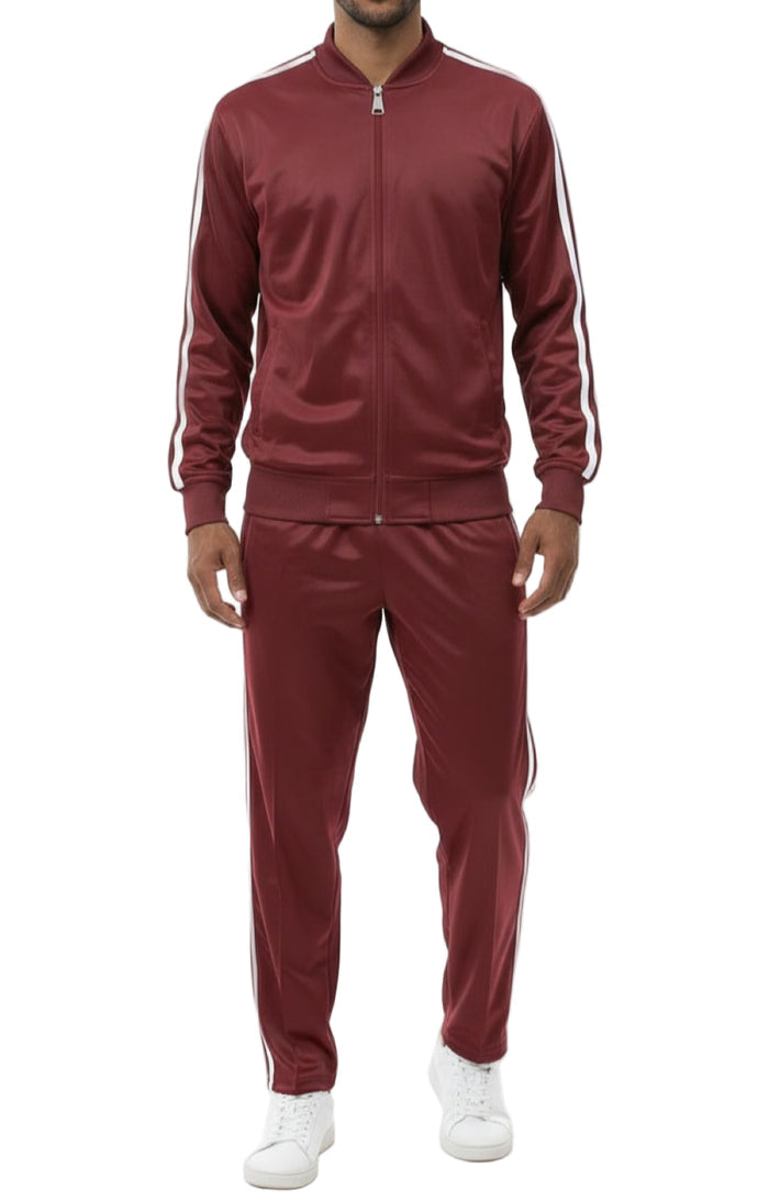 Burgundy men's two piece casual jogging set with striped jacket and pants