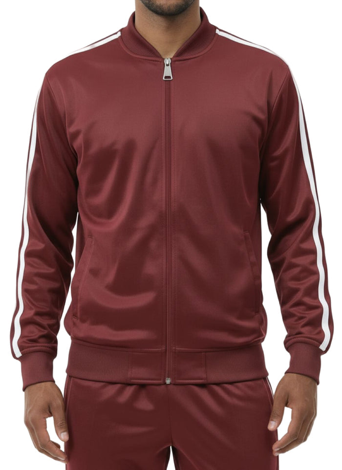 Burgundy men's casual jogging set pants with contrasting white side stripes