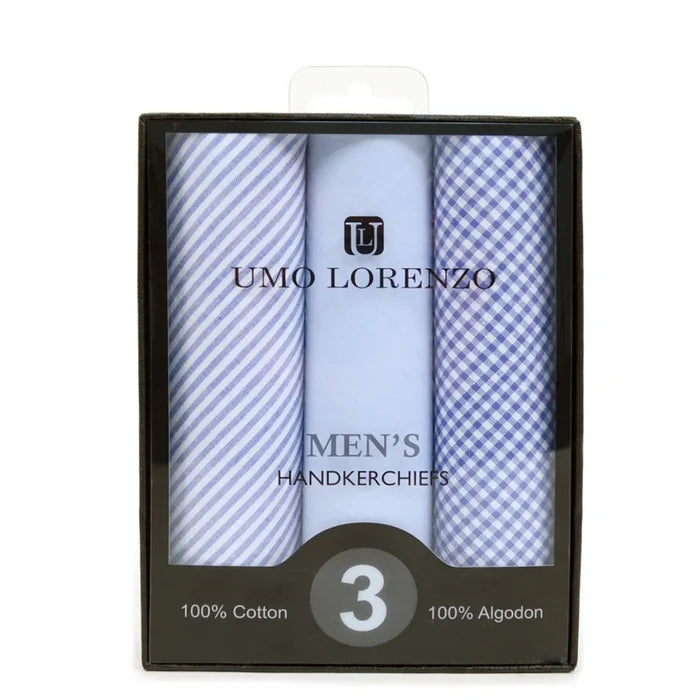Men's Cotton Solid, Striped & Plaid Blue Handkerchiefs 3 Pcs Set