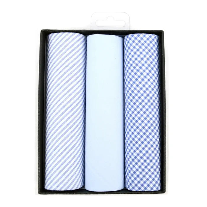Men's Cotton Solid, Striped & Plaid Blue Handkerchiefs 3 Pcs Set