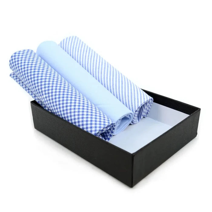 Men's Cotton Solid, Striped & Plaid Blue Handkerchiefs 3 Pcs Set