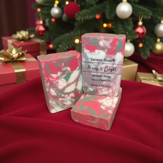 Three bars of Serene Soap with a Christmas tree and presents in the background