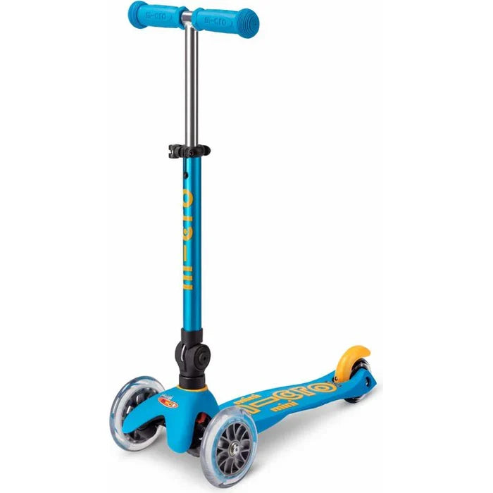 Blue scooter with yellow accents on a white background
