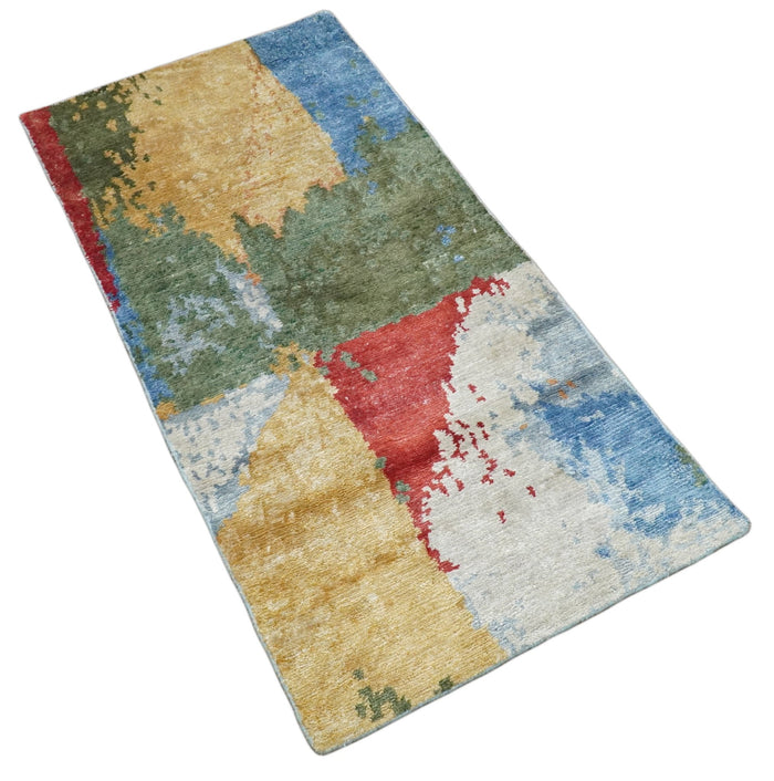 Modern Abstract 2x4 Blue, Red and Gold Hand Knotted Entryway bamboo silk Area Rug | TRD3152224 - The Rug Decor