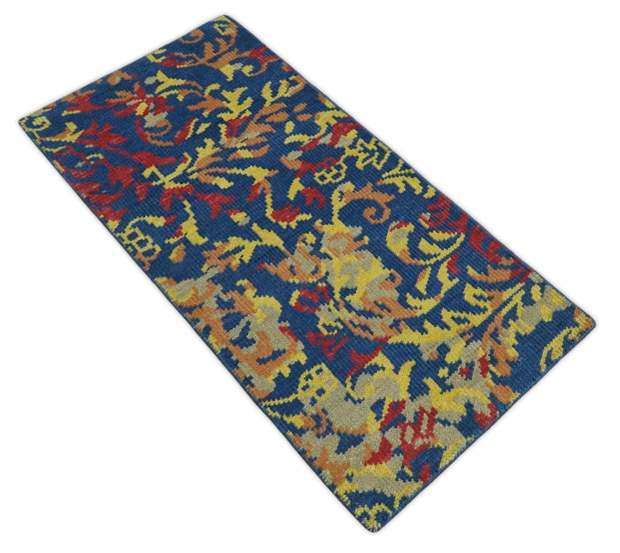 Modern Abstract 2x4 Blue, Red and Gold Hand Knotted Entryway Wool Area Rug | TRD3379124 - The Rug Decor