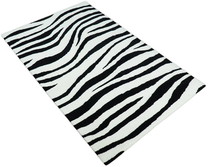 5x8 Black and White Zebra Antelop Area Rug, Hand Tufted Modern Wool Area Rug | ANI1 - The Rug Decor