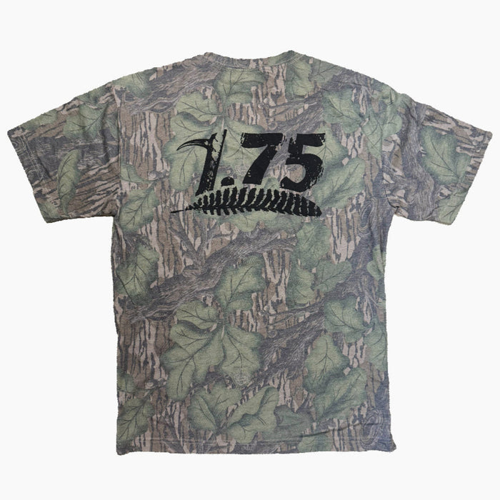Back of Houndstooth Mossy Oak Full Foliage camo t-shirt with 1.75 turkey spur length graphic for Turkey Hunters