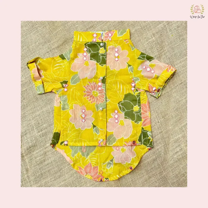 Mustard Floral Dog Kurta Shirt - Designer Indian Dog Ethnic Wear