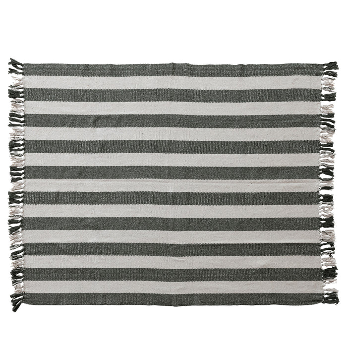 Natural & Green Woven Recycled Cotton Striped Throw with Fringe
