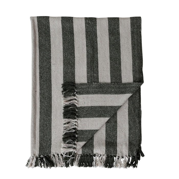 Natural & Green Woven Recycled Cotton Striped Throw with Fringe