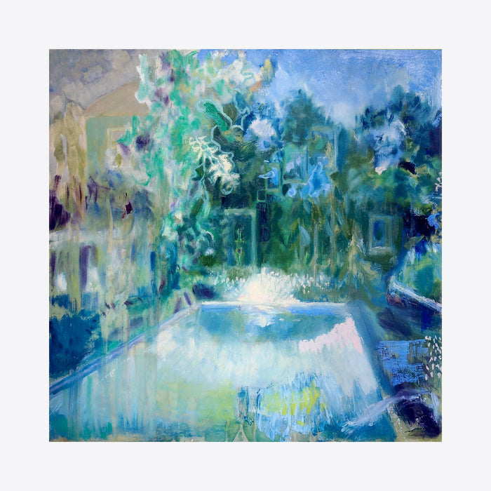 The artwork 'Night Pool' features a luminous swimming pool illuminated in ethereal blue tones, surrounded by lush foliage in vibrant teals and emerald greens. The impressionistic oil painting captures a dreamy nocturnal garden scene with reflective water surfaces and atmospheric brushstrokes on linen canvas. By Maureen Shea.