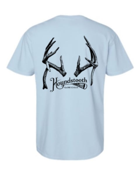 Light blue t-shirt with black antler design and 'Houndstooth' text on a white background